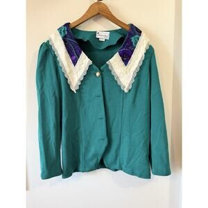 Vtg 90's Matthew & David Sweater Womens Sz 18 Green Collared Grandma Cottagecore